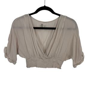 Lulus Smocked Crop Top size Small V Neck Pullover Swim cover Beige Ivory Pullove